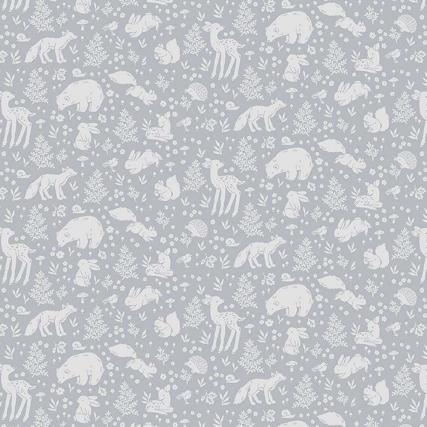 Woodland Wanderers steel grey cotton fabric by Nina Stajner featuring white forest animal illustrations.