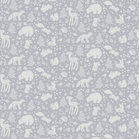 Woodland Wanderers steel grey cotton fabric by Nina Stajner featuring white forest animal illustrations.