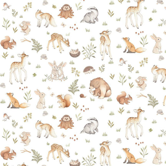 Pattern of forest animals and plants on a white background