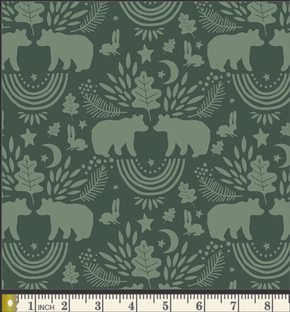 Art Gallery Fabric, Green Bears, Woodland Themed, Quilting Fabric, By the Yard, Timberline, Bears, Loud Encounter