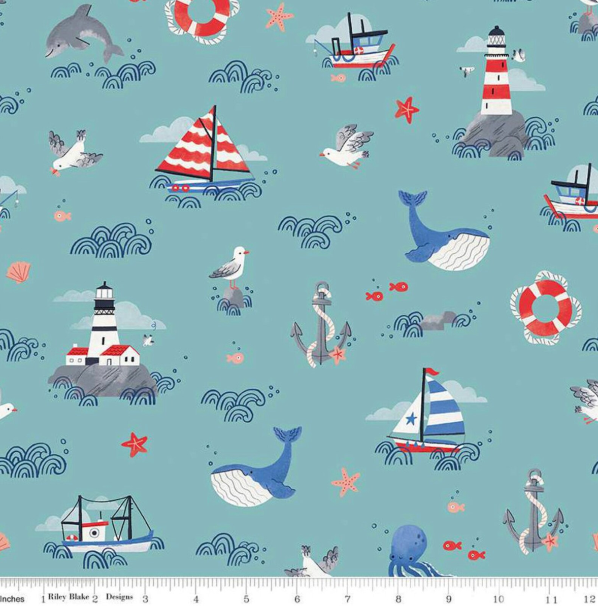 Nautical Baby Quilt Kit, Gender Neutral, Boy or Girl, Blues, Whale Anchor, Ship, Dolphin, Lighthouse, Crab, Handmade, DIY Quilt Project