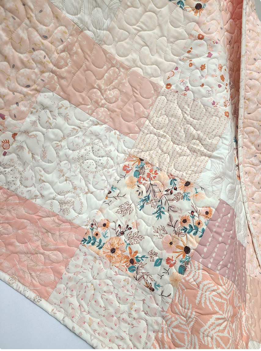 Farmhouse Baby Girl Quilt, Heirloom Quality, Crib Quilt, Patchwork, Blush Pink, Cream, Light Coral, Mauve, Handmade, Nursery