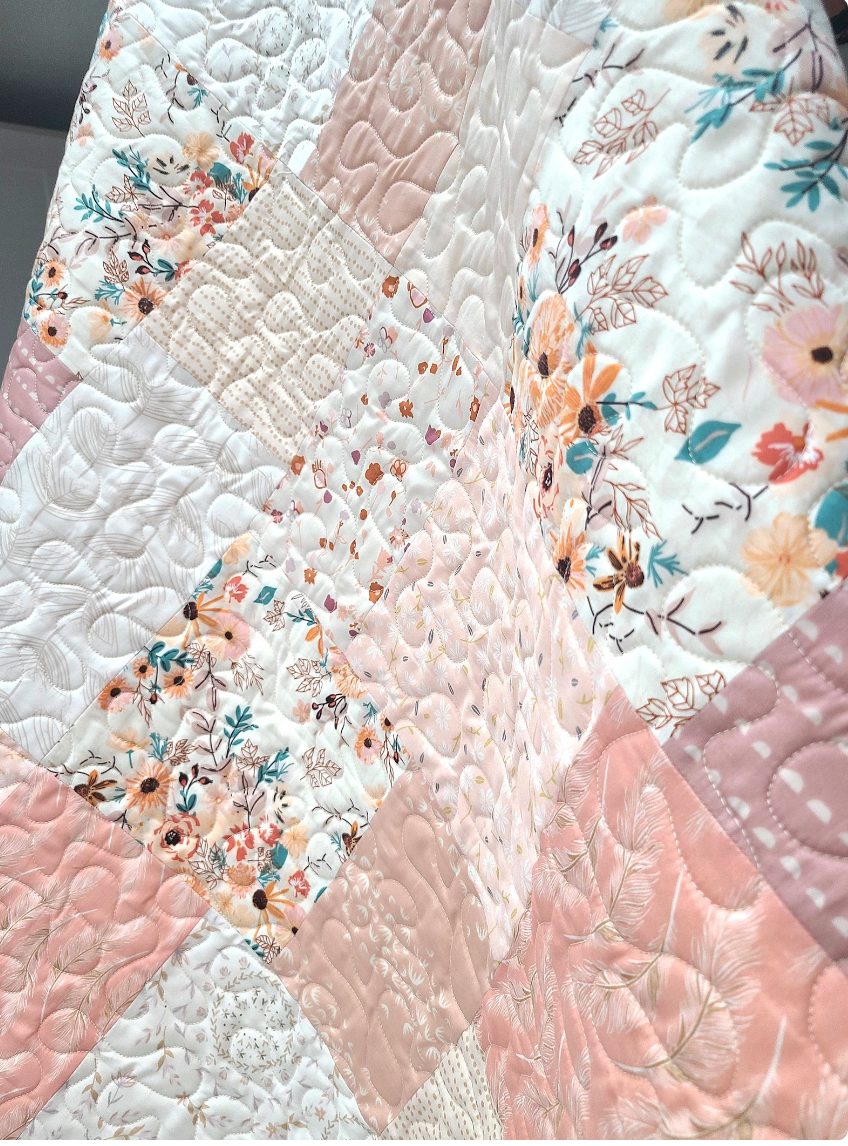 Farmhouse Baby Girl Quilt, Heirloom Quality, Crib Quilt, Patchwork, Blush Pink, Cream, Light Coral, Mauve, Handmade, Nursery