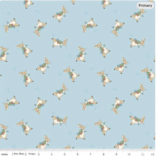 The Tale of Peter Rabbit, Peter Toss Blue, Riley Blake designs, Beatrix Potter, baby fabric, quilting weight cotton, light blue, bunny