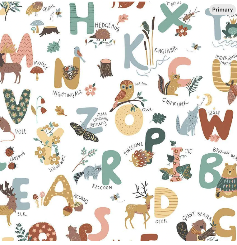 Alphabet City STELLA-D3222  WHITE Quilting Cotton Fabric, Jungle Animals, Blue, Octopus, Koala, Giraffe, Narwhal