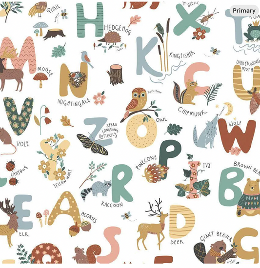 Alphabet City STELLA-D3222  WHITE Quilting Cotton Fabric, Jungle Animals, Blue, Octopus, Koala, Giraffe, Narwhal