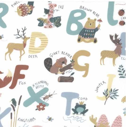 Alphabet City STELLA-D3222  WHITE Quilting Cotton Fabric, Jungle Animals, Blue, Octopus, Koala, Giraffe, Narwhal