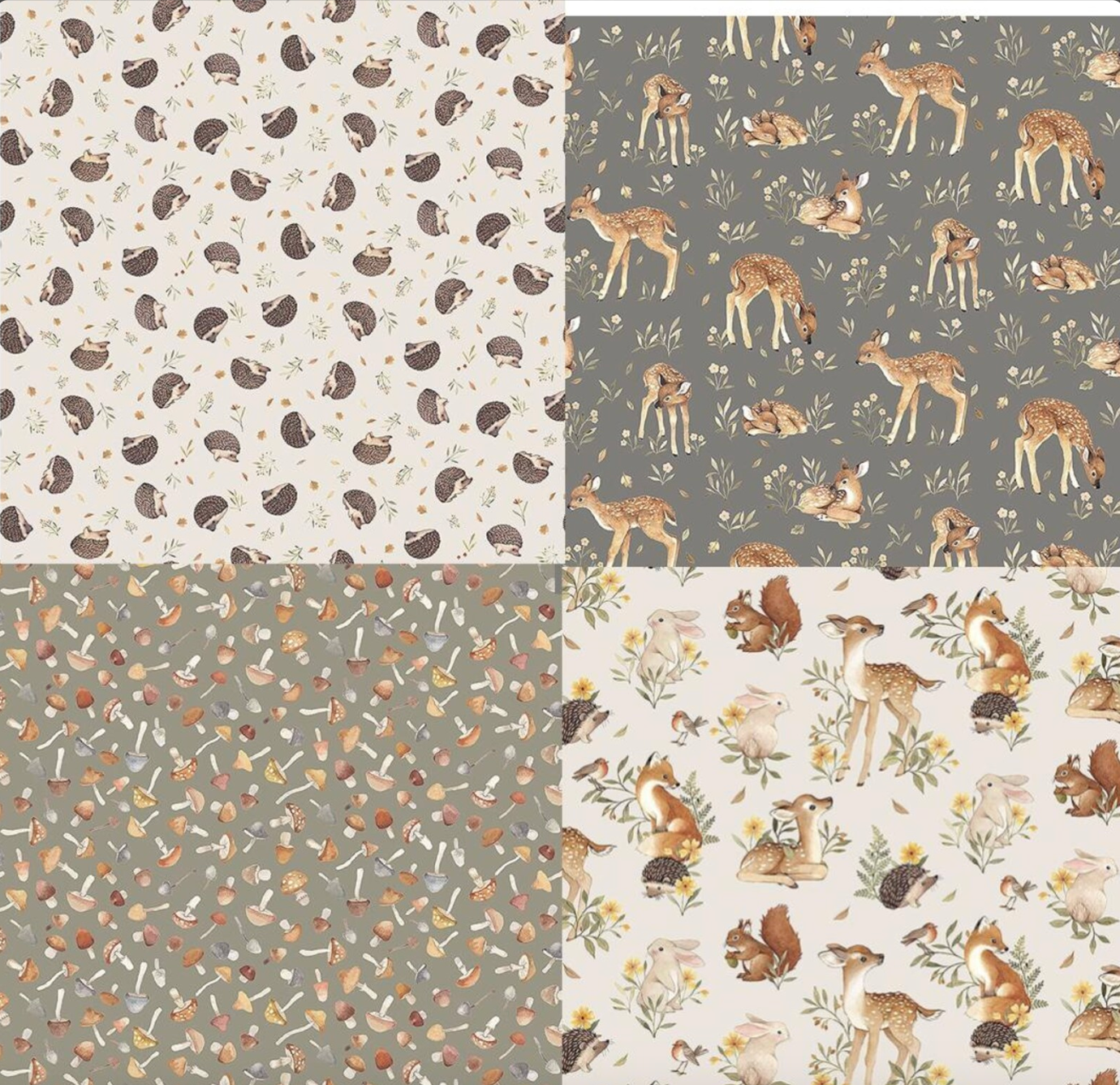 Woodland Fabric Fat Quarter Bundle, Fawns, Mushrooms, Gray Cotton, 4 piece, Dear Stella, Quilting Weight, Cotton