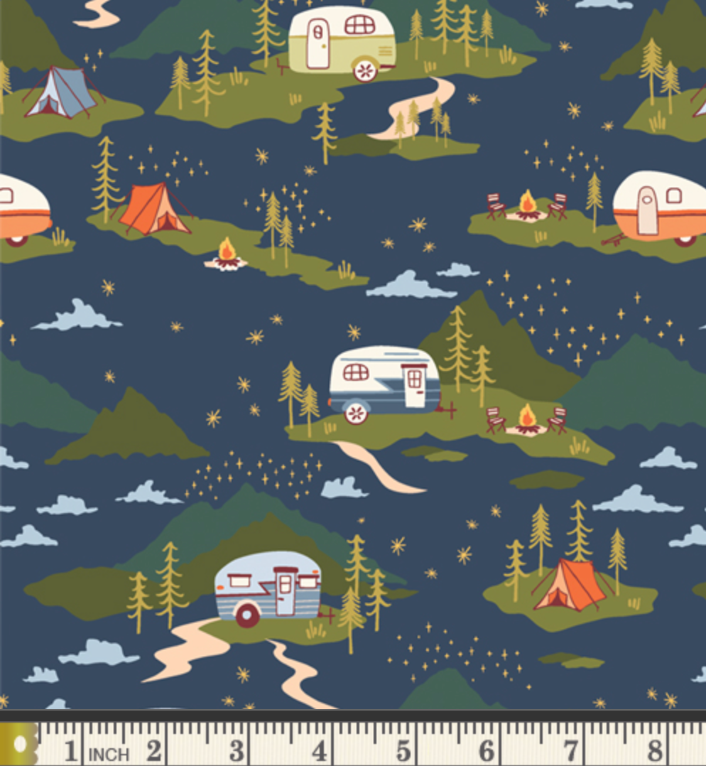 Navy Camping Themed Fabric, Campfire Stories, Quilting Fabric, Art Gallery Fabrics