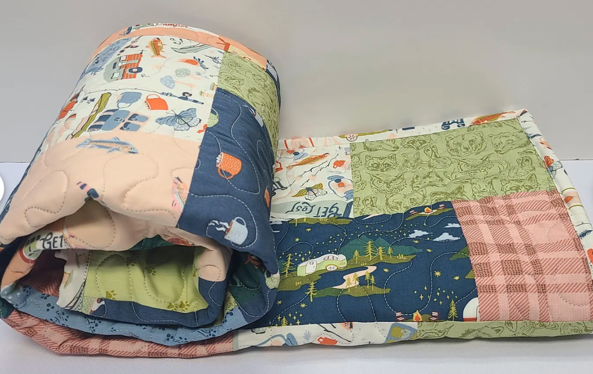 Camping + Fishing Quilt Kit, Handmade Baby, Toddler, Gender Neutral Fishing Crib Bedding