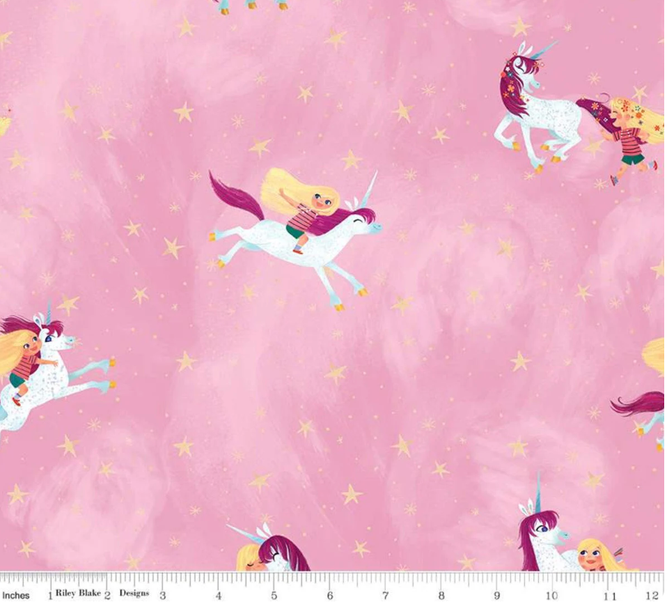 Riley Blake Uni the Unicorn pink cotton quilting fabric with stars and unicorn characters