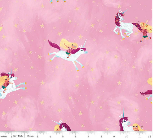 Riley Blake Uni the Unicorn pink cotton quilting fabric with stars and unicorn characters