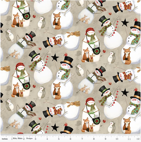 Northern Christmas Snowmen Neutral fabric by Teresa Kogut for Riley Blake featuring snowmen, foxes, hedgehogs, and black stars on a neutral background.