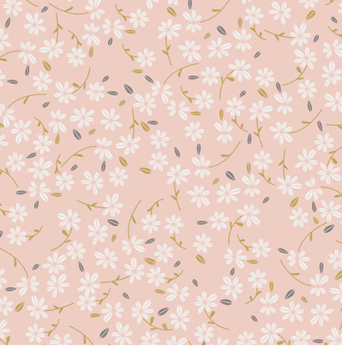 Flat lay view of Season Waltz pink floral quilting cotton by Art Gallery Fabrics featuring a repeating pattern of small, dainty white daisy-like flowers with delicate green stems and golden leaves on a soft blush pink background.