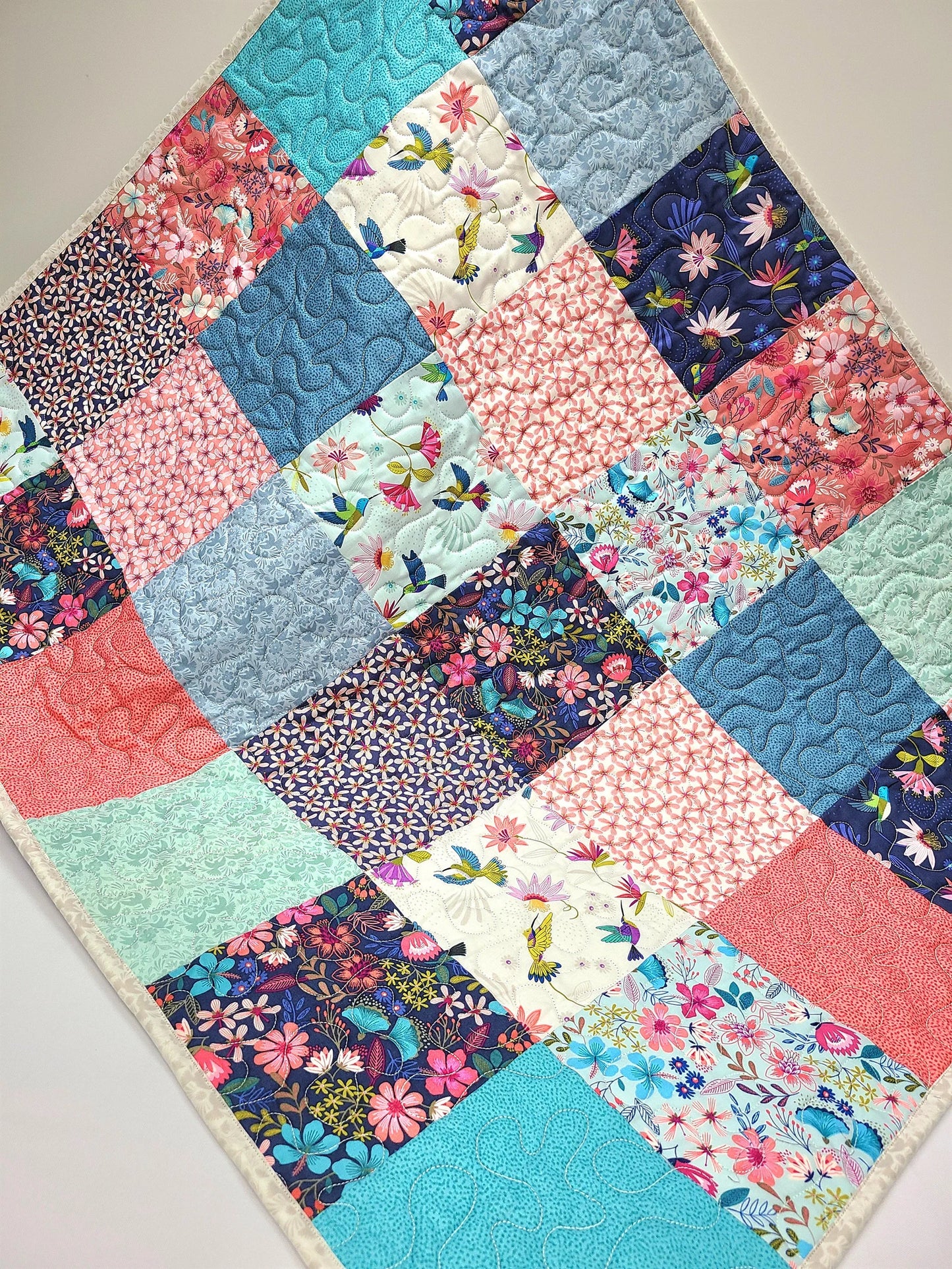Hummingbird Quilt Kit, Baby, Patchwork, Lap, Toddler, Girl, Wildflowers, Blues and Corals