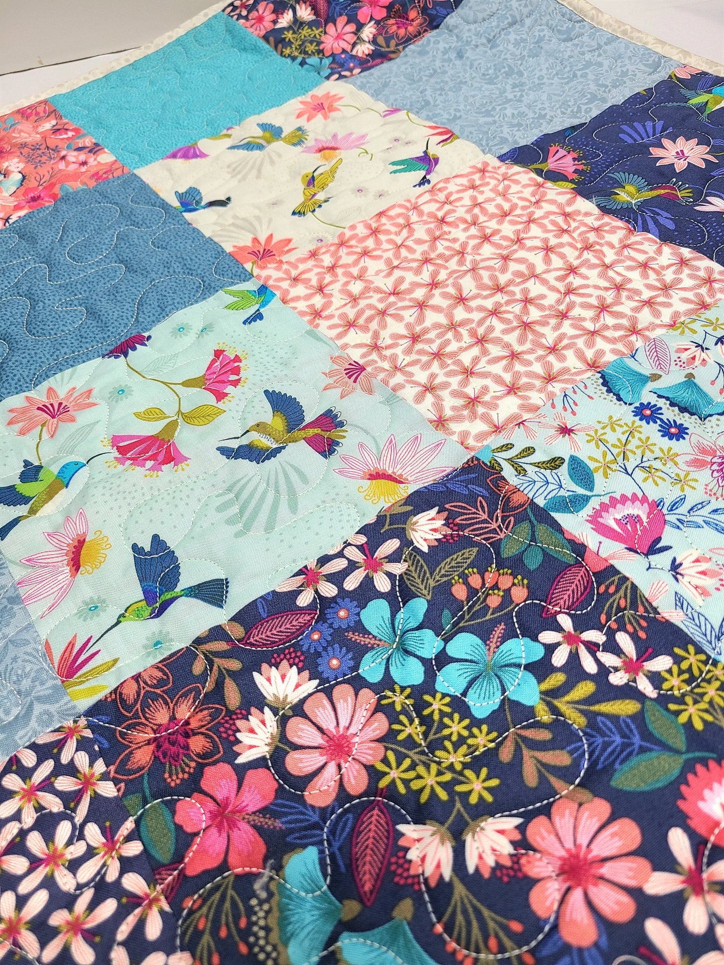 Hummingbird Quilt Kit, Baby, Patchwork, Lap, Toddler, Girl, Wildflowers, Blues and Corals