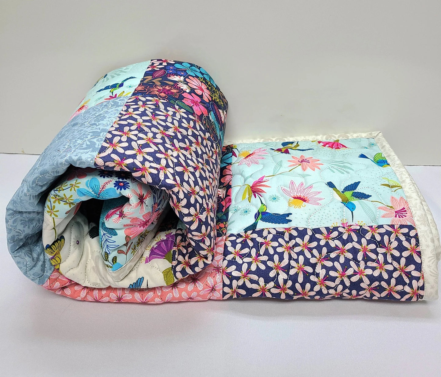 Hummingbird Quilt Kit, Baby, Patchwork, Lap, Toddler, Girl, Wildflowers, Blues and Corals