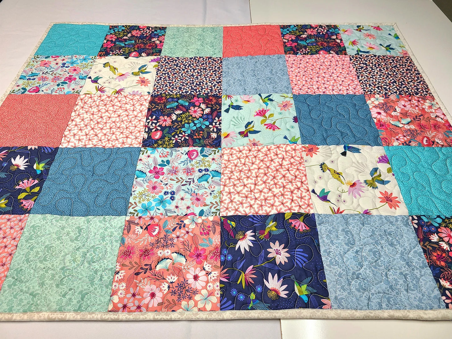 Hummingbird Quilt Kit, Baby, Patchwork, Lap, Toddler, Girl, Wildflowers, Blues and Corals