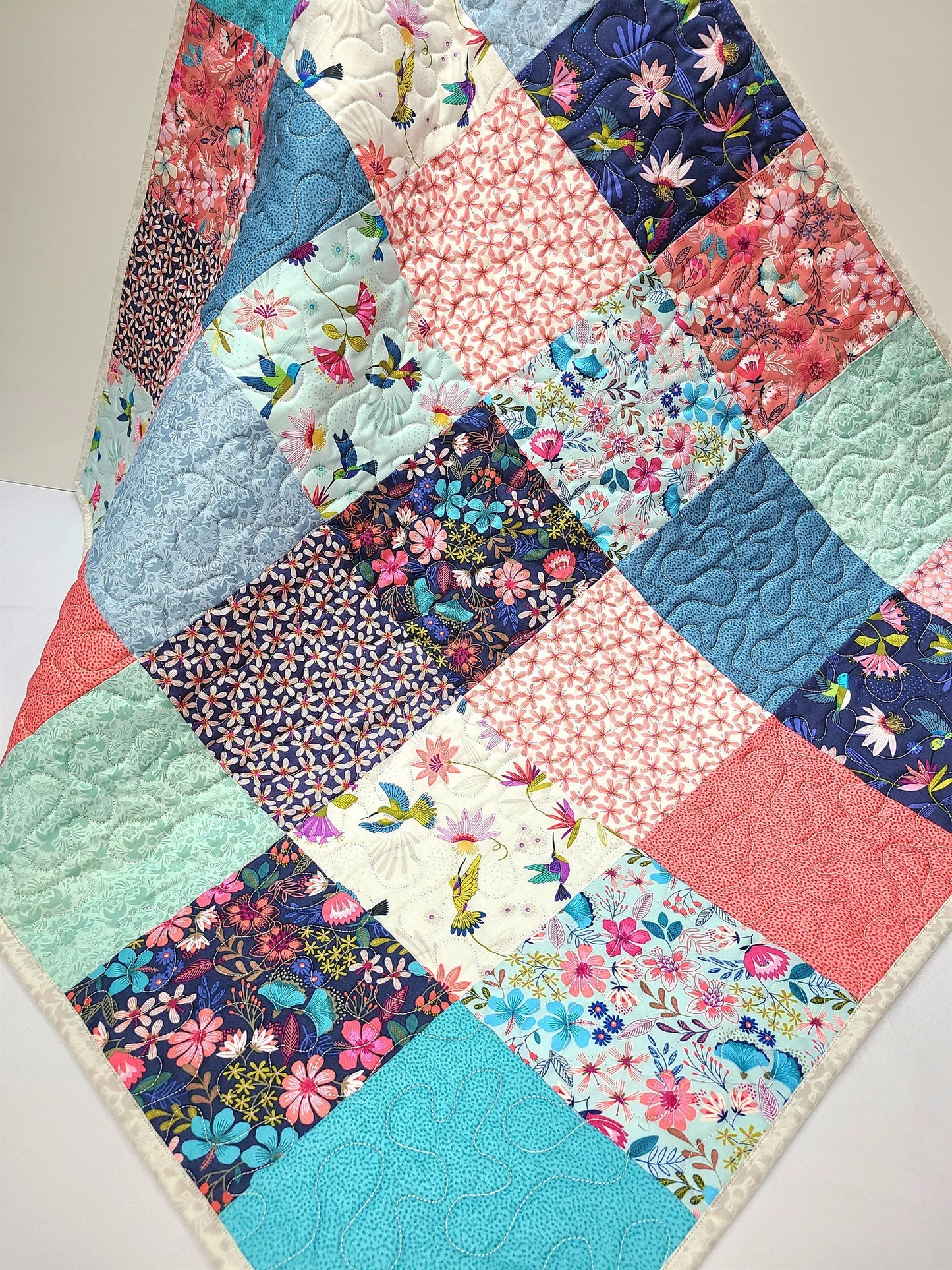 Hummingbird Quilt Kit, Baby, Patchwork, Lap, Toddler, Girl, Wildflowers, Blues and Corals