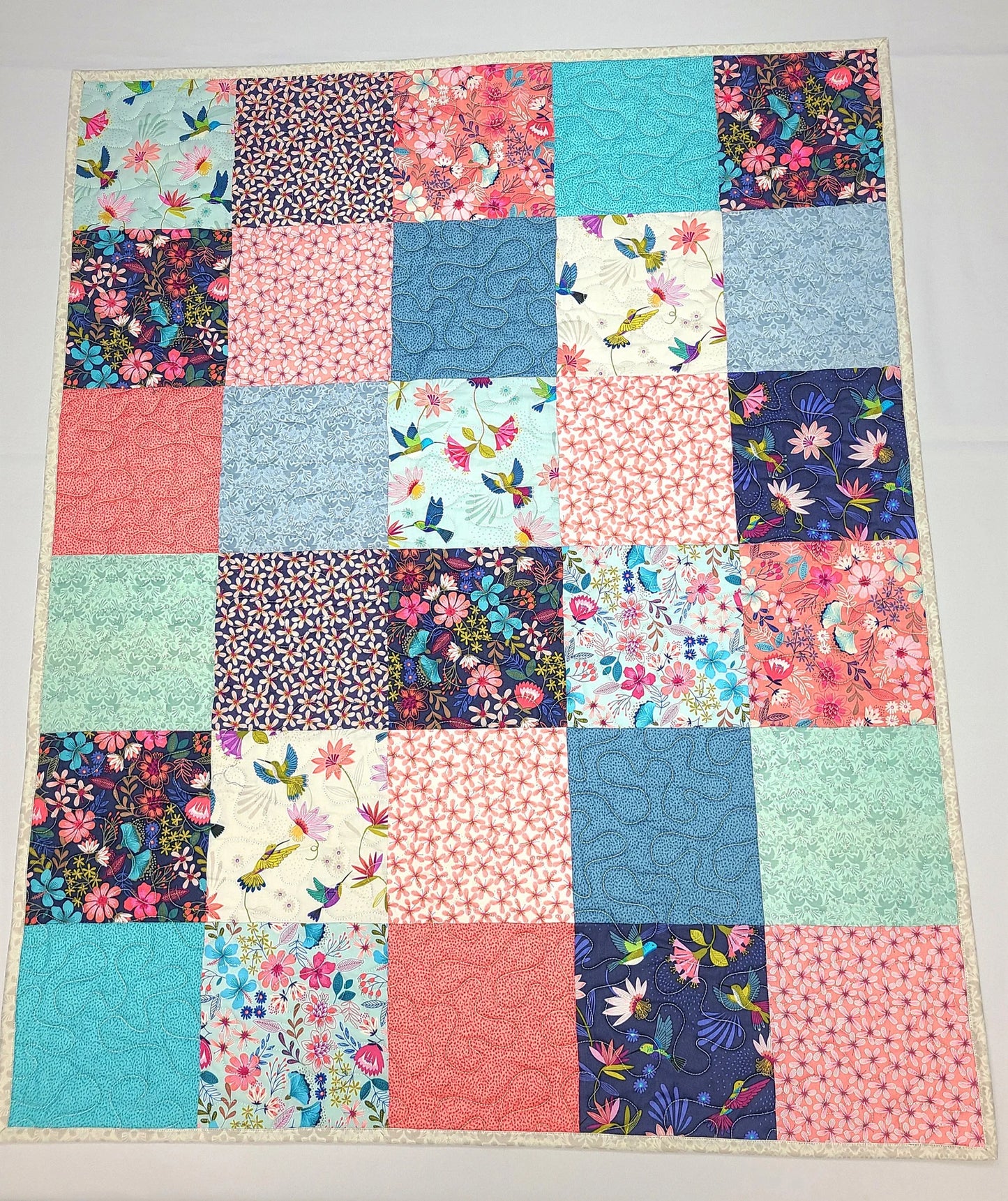 Hummingbird Quilt Kit, Baby, Patchwork, Lap, Toddler, Girl, Wildflowers, Blues and Corals