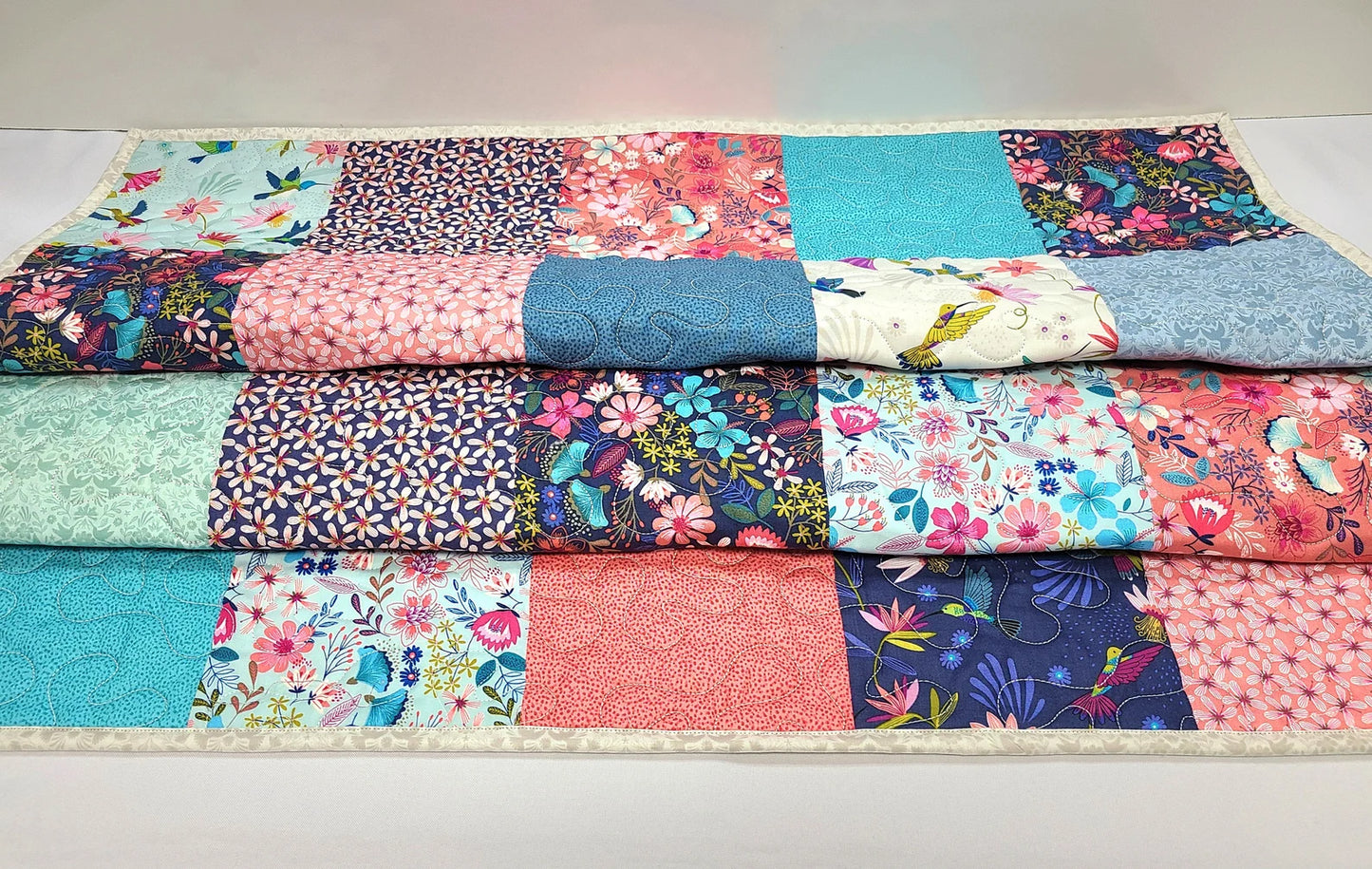 Hummingbird Quilt Kit, Baby, Patchwork, Lap, Toddler, Girl, Wildflowers, Blues and Corals