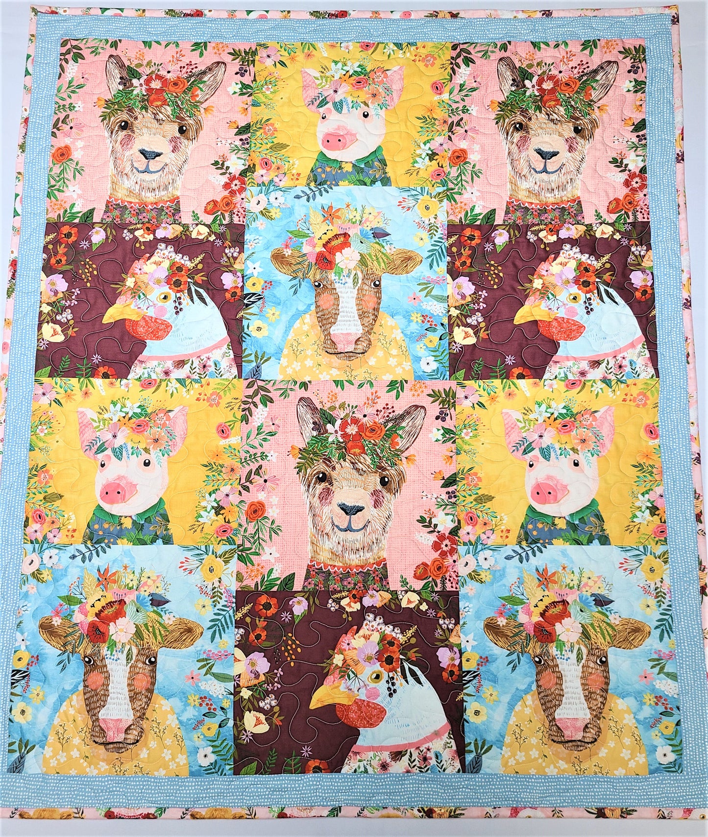 Boho Baby Quilt, Girl, Llama, Pig, Chicken, Cow, Farm Animals, Handmade, Keepsake, Crib Bedding, Babies Nursery, Lap