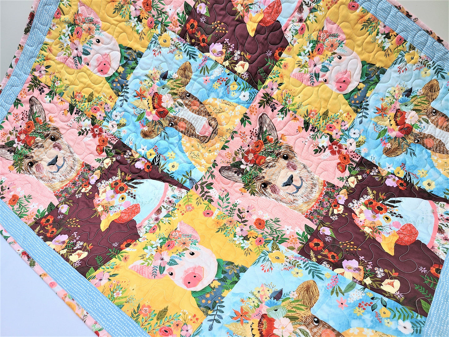 Boho Baby Quilt Kit, Girl, Llama, Pig, Chicken, Cow, Farm Animals