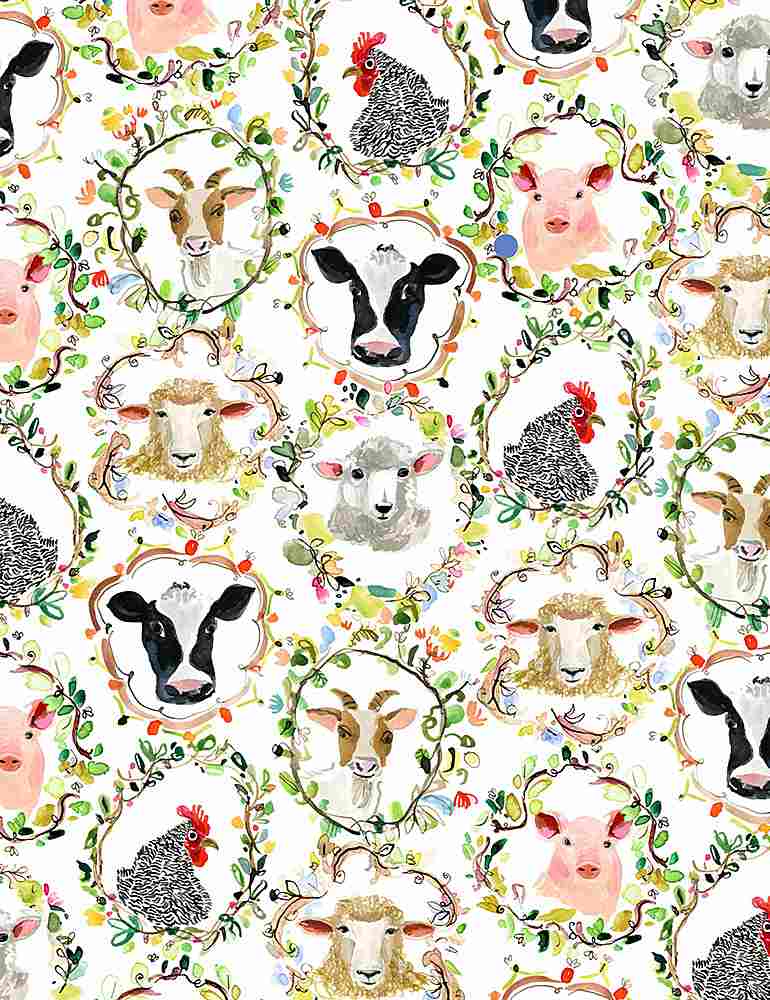 ANIMAL GALLERY, STELLA-DJL2248, WHITE Dear Stella, Hay There, quilting cotton, yardage, by the yard, farm theme