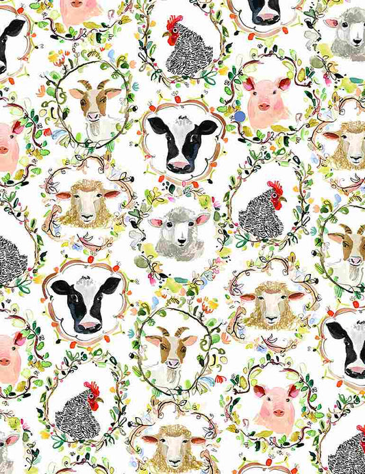 ANIMAL GALLERY, STELLA-DJL2248, WHITE Dear Stella, Hay There, quilting cotton, yardage, by the yard, farm theme