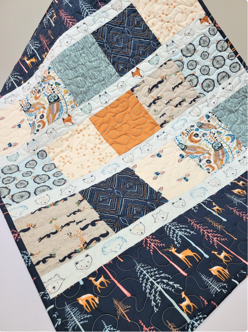 Baby Quilt Kit, Boy, Girl, Homemade, Little Forester, Navy, Blue, Orange, Woodland, Bees, Deer, Owl, Fox