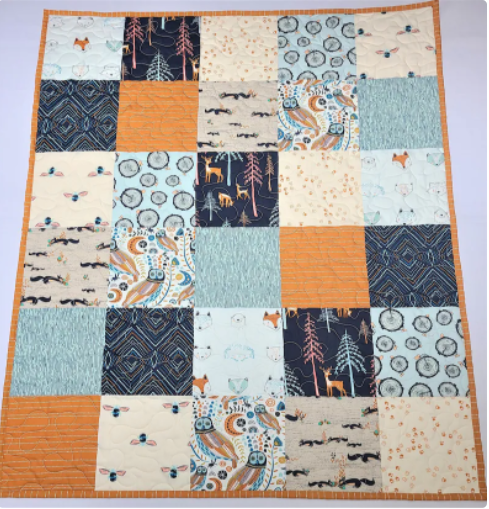 Baby Quilt Kit, Boy, Woodland, Rustic, Deer, Bees, Navy Blue, Orange, Little Forester, Owl, Art Gallery Fabrics