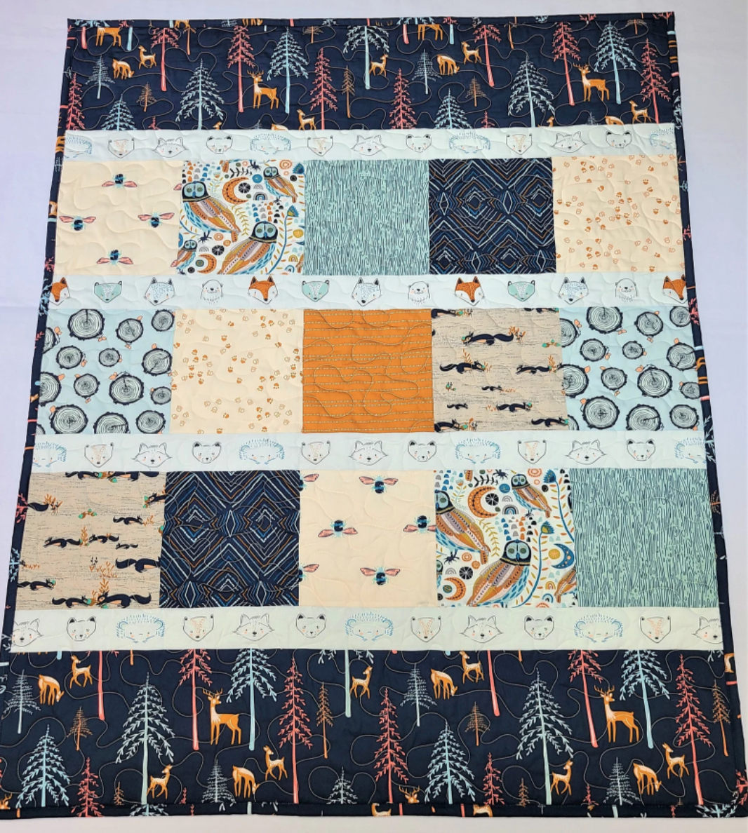 Baby Quilt Kit, Boy, Girl, Homemade, Little Forester, Navy, Blue, Orange, Woodland, Bees, Deer, Owl, Fox