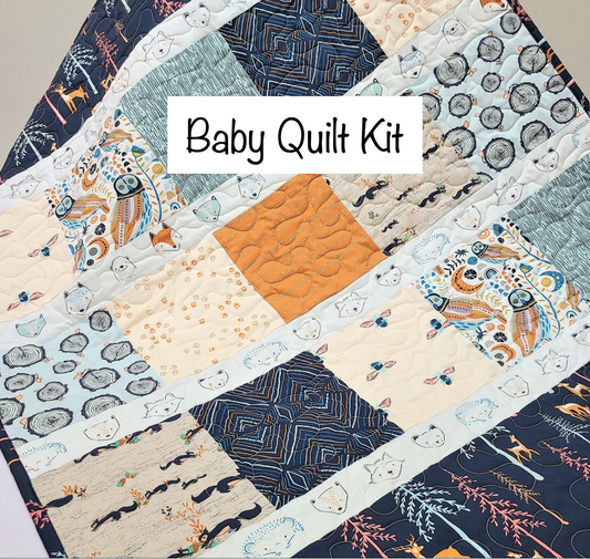 Baby Quilt Kit, Boy, Girl, Homemade, Little Forester, Navy, Blue, Orange, Woodland, Bees, Deer, Owl, Fox