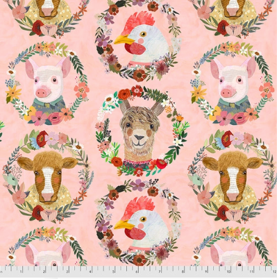 Farm Friends, Quilting Cotton, Farm Badges Peach, Llamas, Cows, PIgs, Chickens