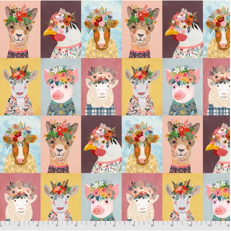 Farm Friends, Quilting Cotton, Farm Animals-Multi, Llamas, Cows, PIgs, Chickens