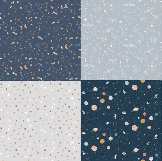 Outer Space Fabric, To The Moon, Fat Quarter Bundle,  4 piece, Dear Stella, Quilting Weight, Cotton,