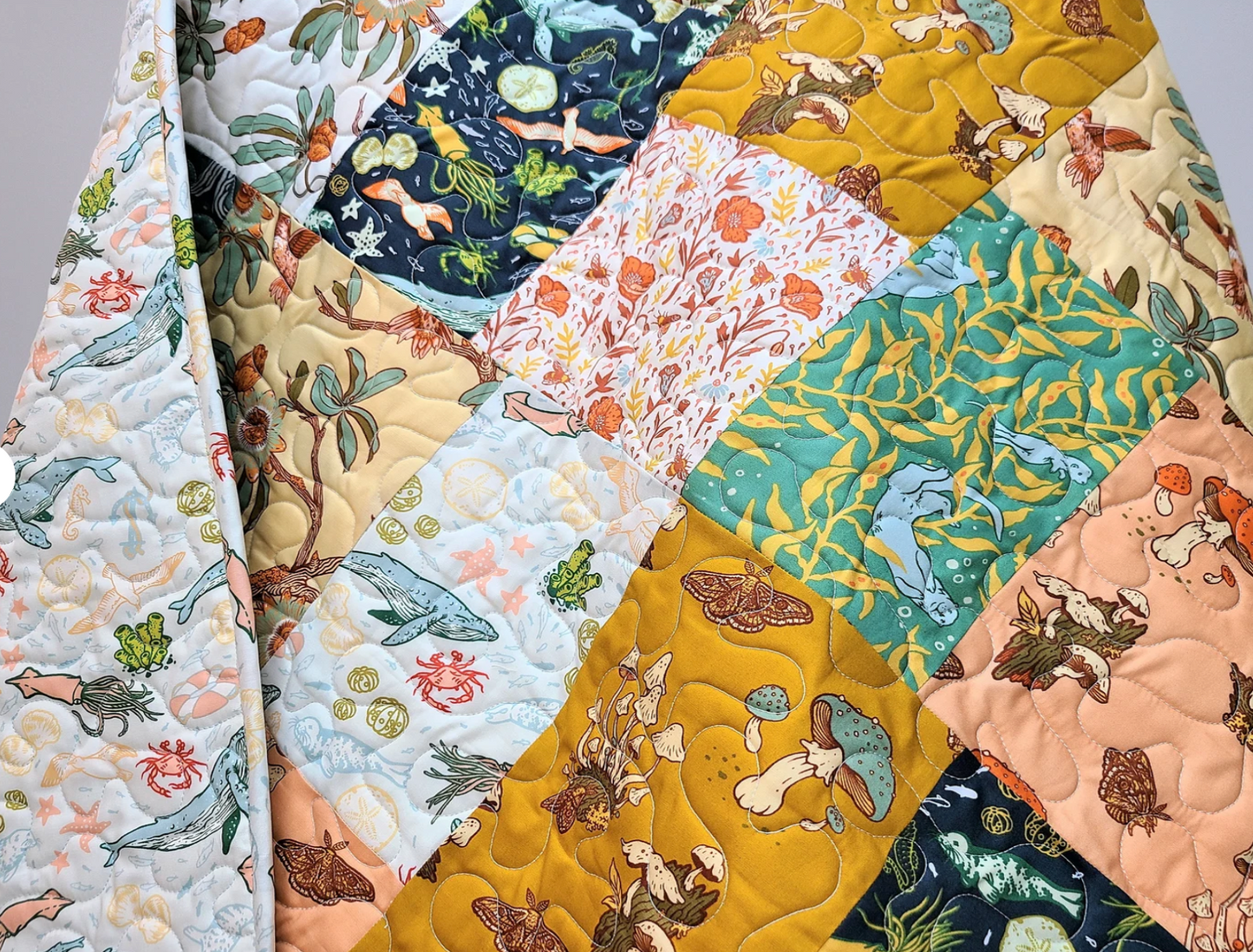 Organic Baby Quilt, Wild Coast, Nautical, Mushrooms, Lap, Floral, Whales, Boy, Girl, Crib, Nursery, Heirloom Quality
