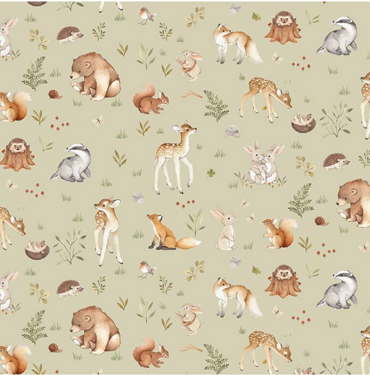 Woodland Quilt Cotton, Little Forest, Baby Animals, Fawn, hedgehogs, GREENWOOD STELLA-DNS2310, Laurel