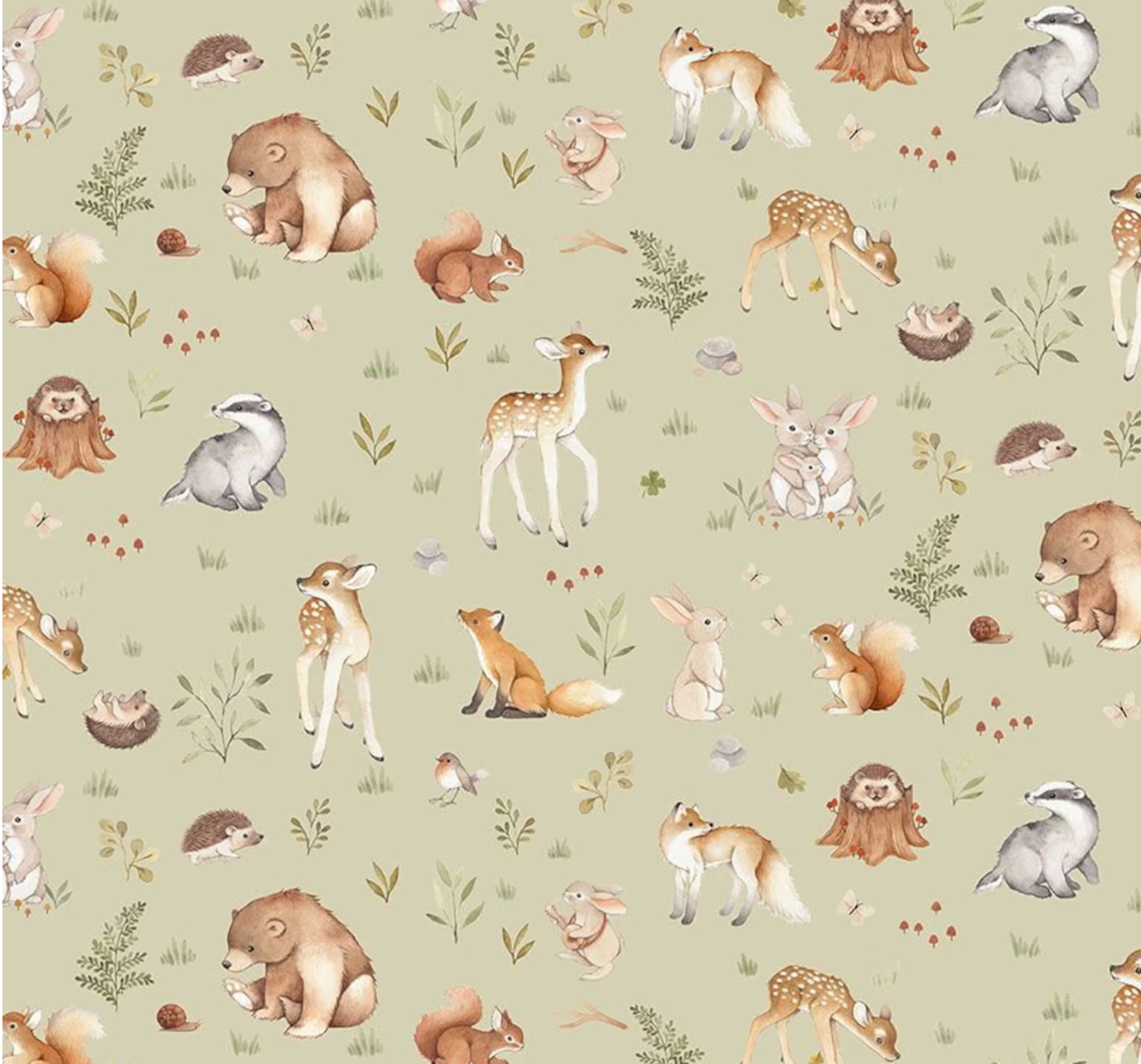 Woodland Quilt Cotton, Little Forest, Baby Animals, Fawn, hedgehogs, GREENWOOD STELLA-DNS2310, Laurel