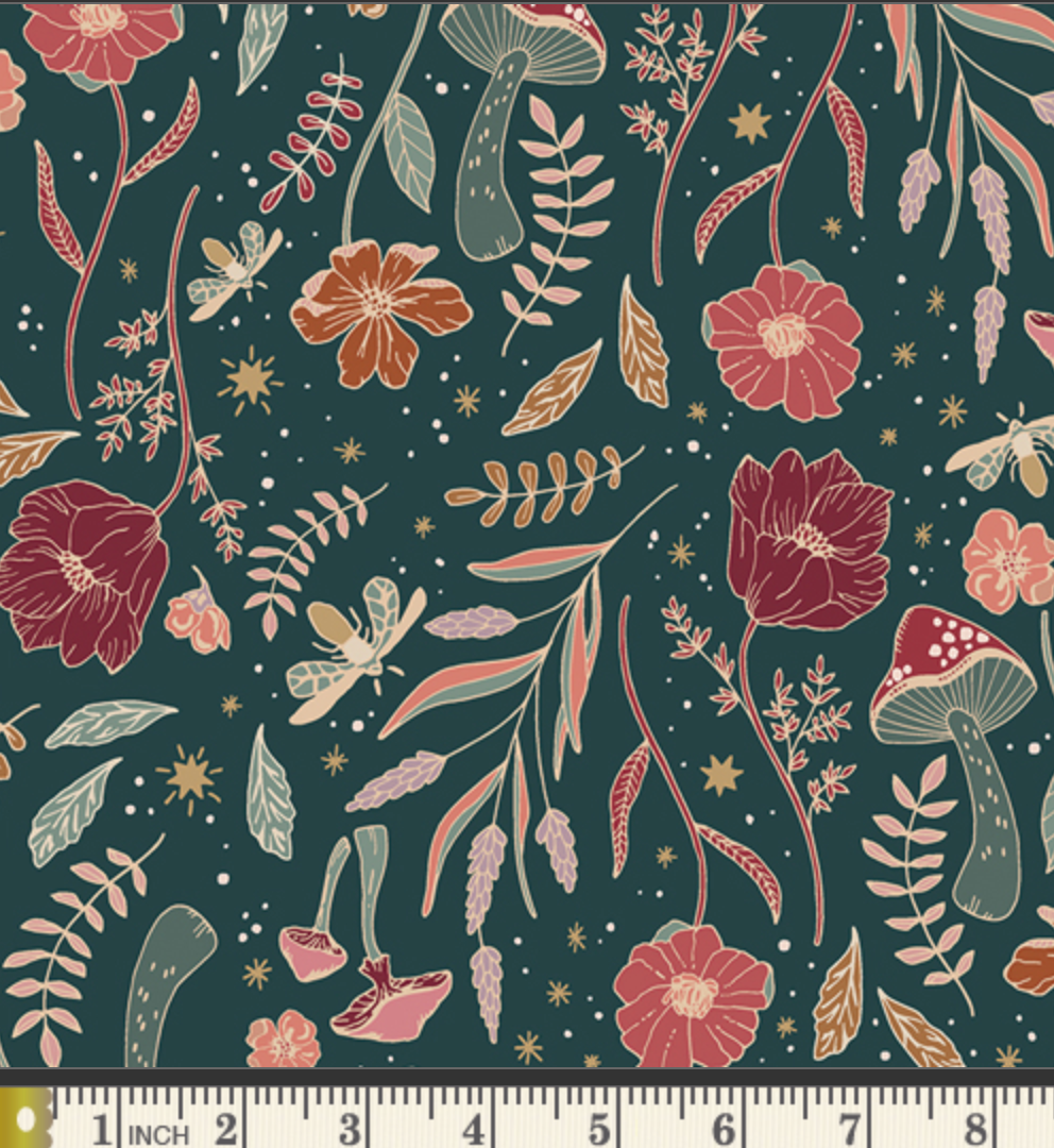 Modern Floral fabric, Wildwood Nightfall, Woodland Keeper By the Yard, Art Gallery Fabrics, Quilting, Maureen Cracknell