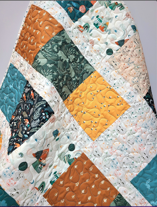 Baby Woodland Quilt, Mountains, Timber, Rustic, Modern Colors, Gender Neutral, Fox, Bear, Rabbit, Teal, Rust, Gold, READY TO SHIP