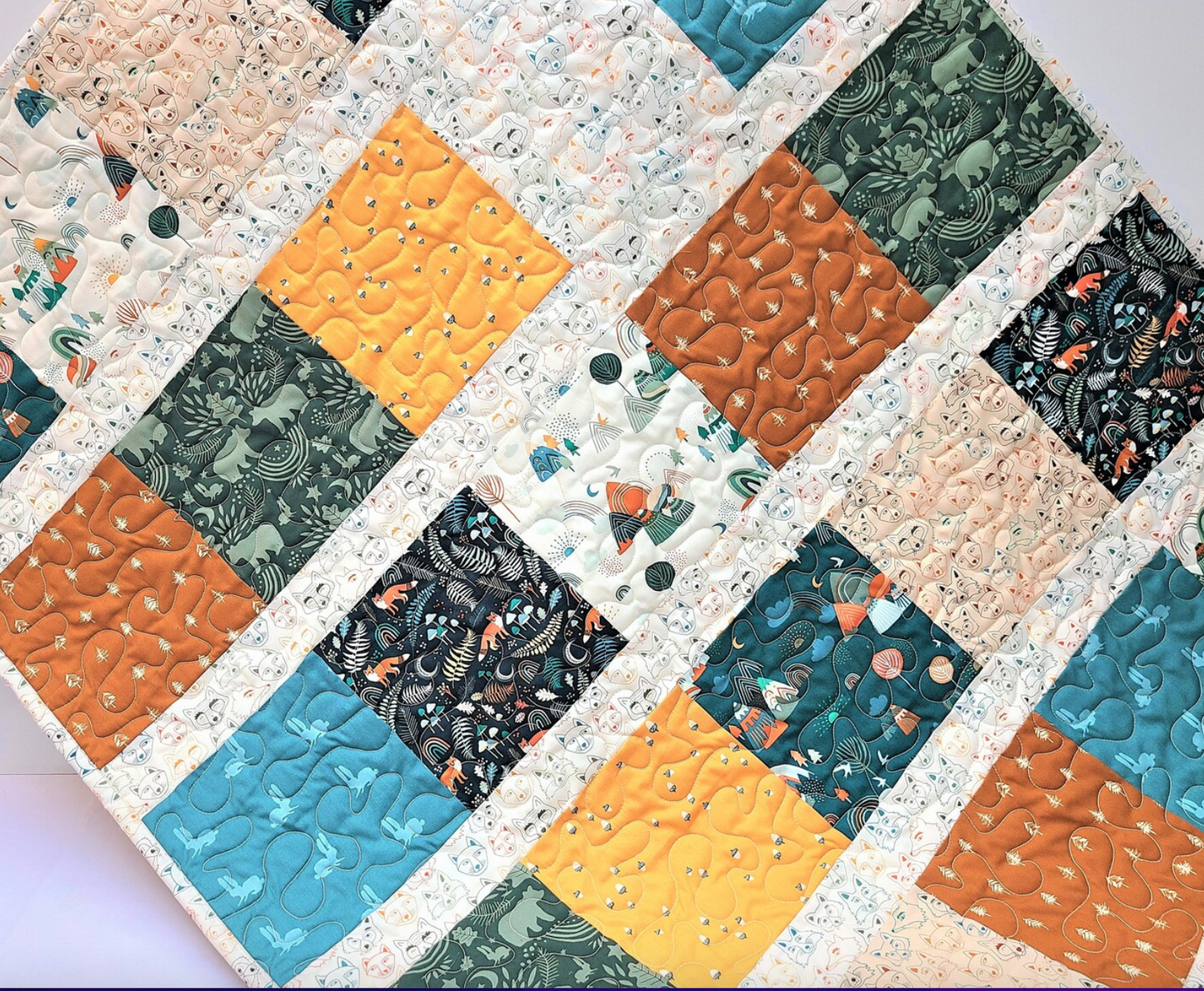 Baby Woodland Quilt, Mountains, Timber, Rustic, Modern Colors, Gender Neutral, Fox, Bear, Rabbit, Teal, Rust, Gold, READY TO SHIP