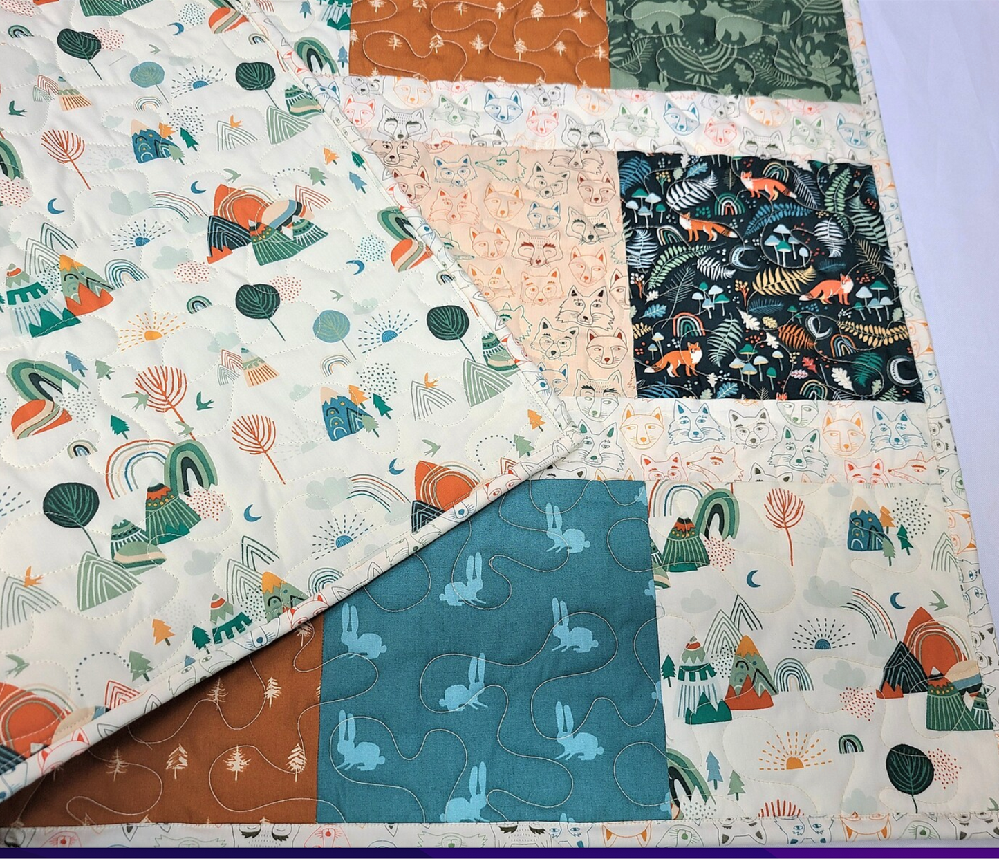 Baby Woodland Quilt, Mountains, Timber, Rustic, Modern Colors, Gender Neutral, Fox, Bear, Rabbit, Teal, Rust, Gold, READY TO SHIP