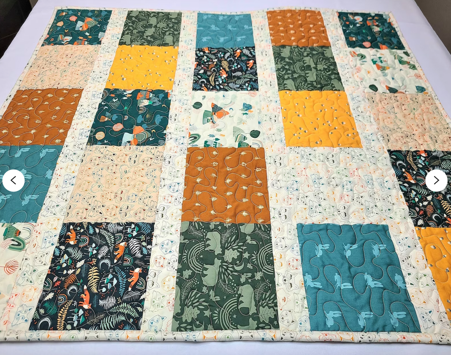 Baby Woodland Quilt, Mountains, Timber, Rustic, Modern Colors, Gender Neutral, Fox, Bear, Rabbit, Teal, Rust, Gold, READY TO SHIP