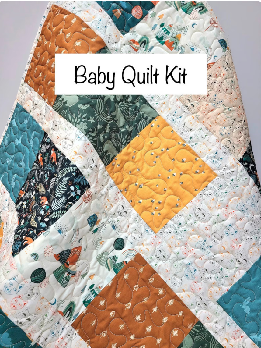 Baby Quilt Kit, Woodland, Mountains, Timber, Rustic, Modern Colors, Gender Neutral, Fox, Bear, Rabbit, Teal, Rust, Gold