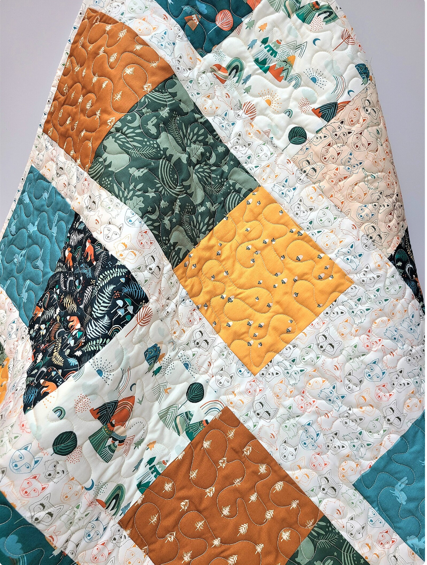 Baby Quilt Kit, Woodland, Mountains, Timber, Rustic, Modern Colors, Gender Neutral, Fox, Bear, Rabbit, Teal, Rust, Gold