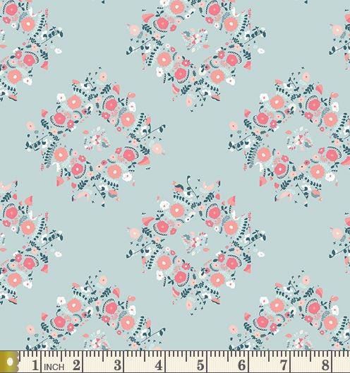 Modern Floral Cotton Fabric, Joy Wreaths Ice, Art Gallery, Blithe, Quilting Weight, Blue and Pink, Fabric by the Yard, Yardage, Shabby Chic