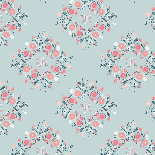 Modern Floral Cotton Fabric, Joy Wreaths Ice, Art Gallery, Blithe, Quilting Weight, Blue and Pink, Fabric by the Yard, Yardage, Shabby Chic