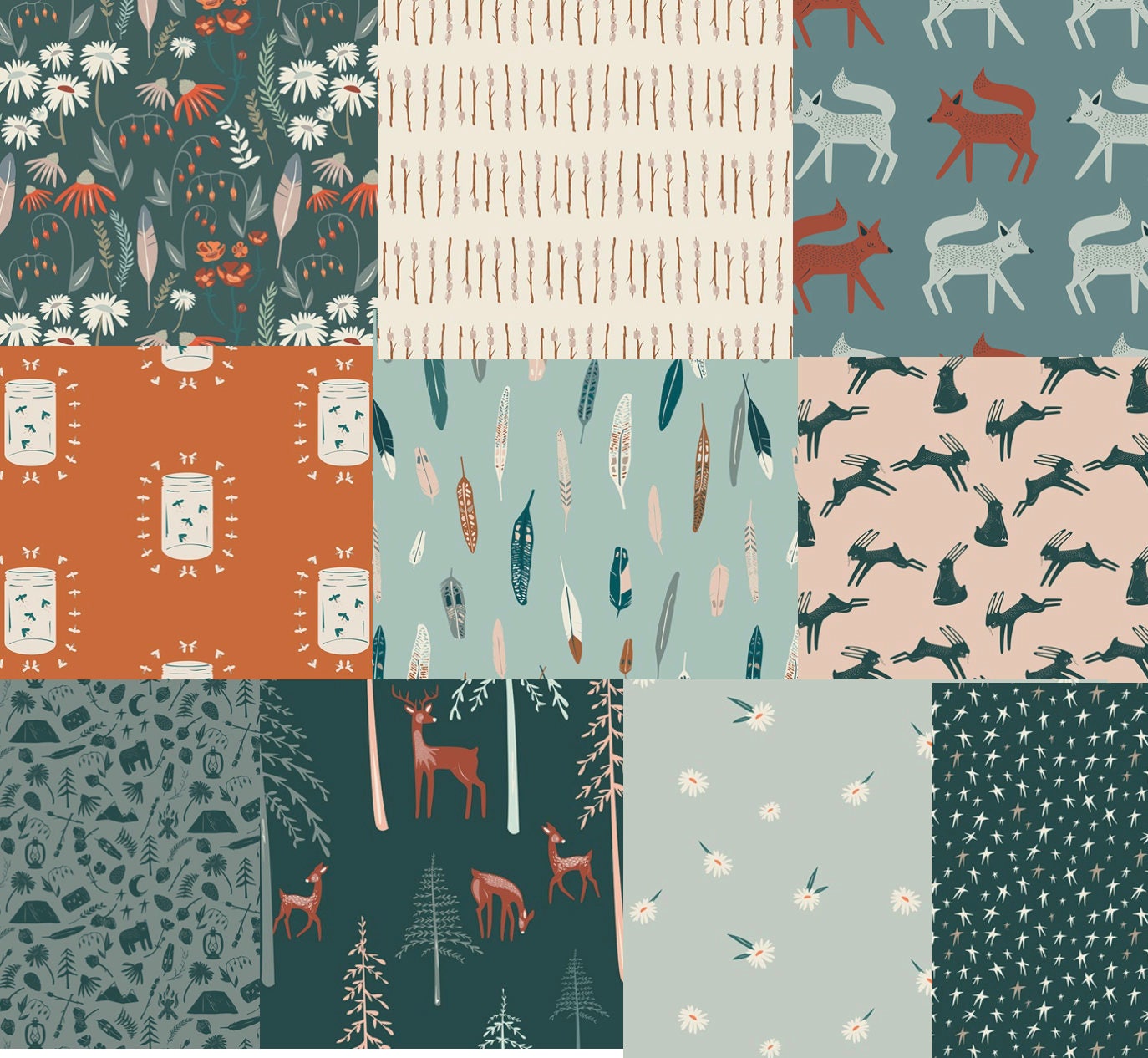 Woodland Fabric, Deer Fabric, By the Yard, Art Gallery Fabrics, Among the Pines, Campsite, Baby Quilt Material, Nursery Decor, Forest Green