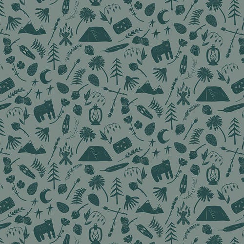 Art Gallery Fabric, Green, Camping Themed, Quilting Fabric, By the Yard, Camping Stories, Campsite